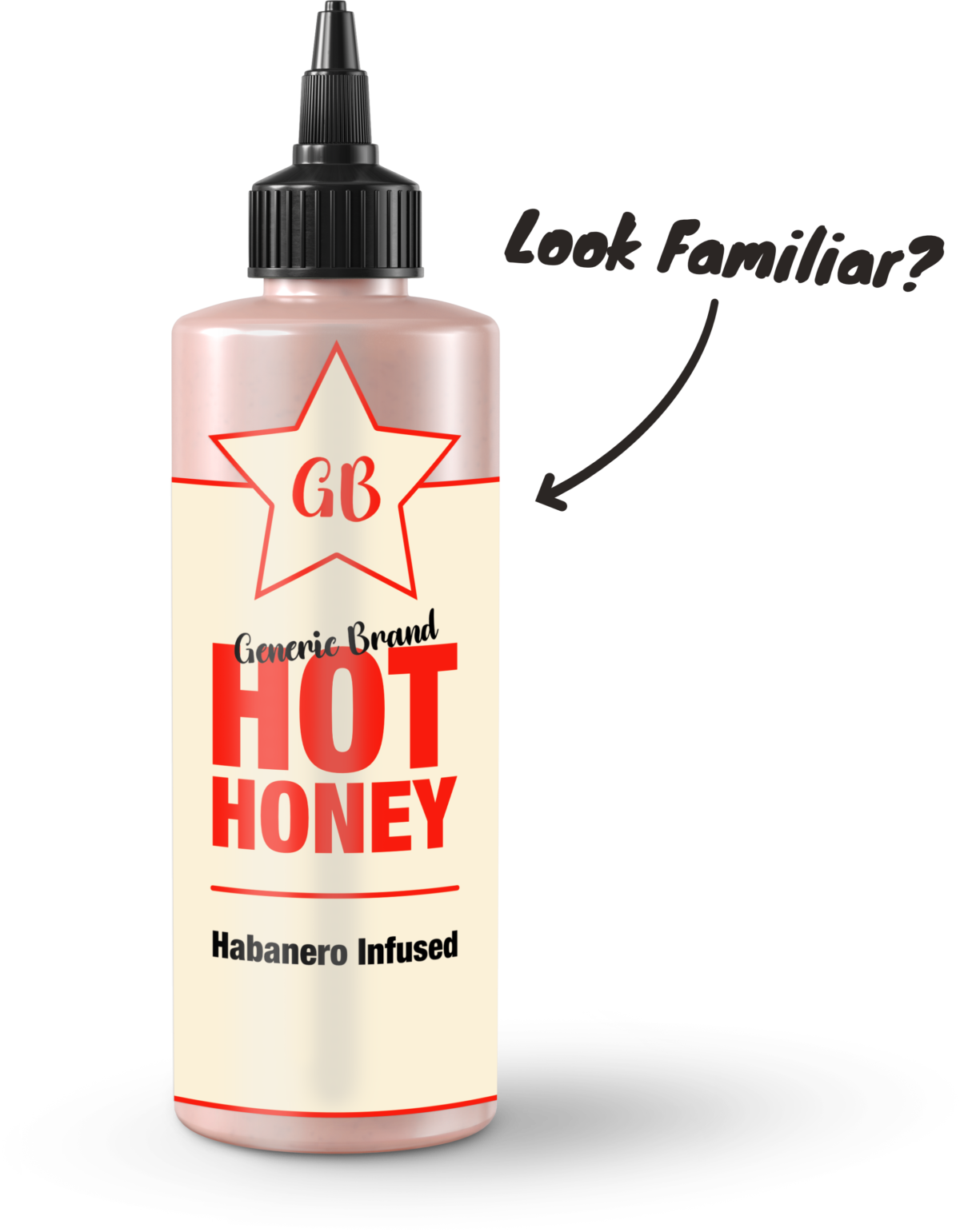 Generic Honey Bottle Red – Look familiar Mockup of "Generic Brand Hot Honey" which looks like every other brand.