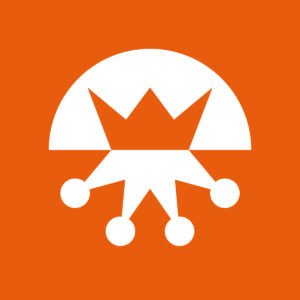 Logomark White on Tangerine 1200 Royal Jester Games Brand Mark