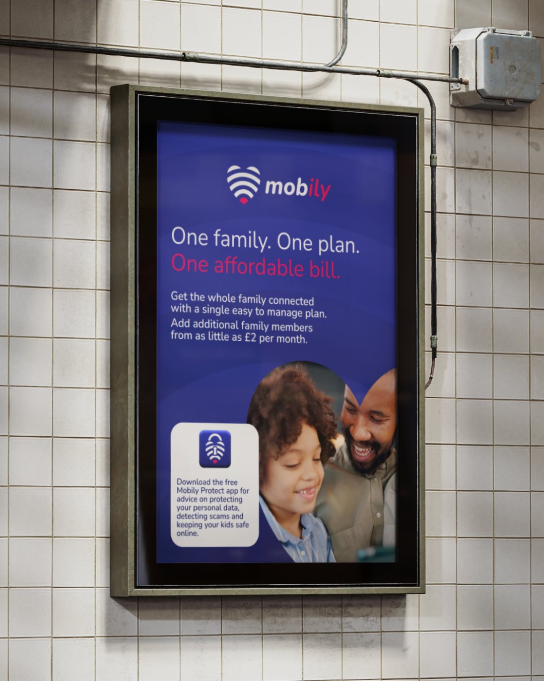 Mobily Poster Mockup A1 advert in subway "One family. One plan. One affordable bill."