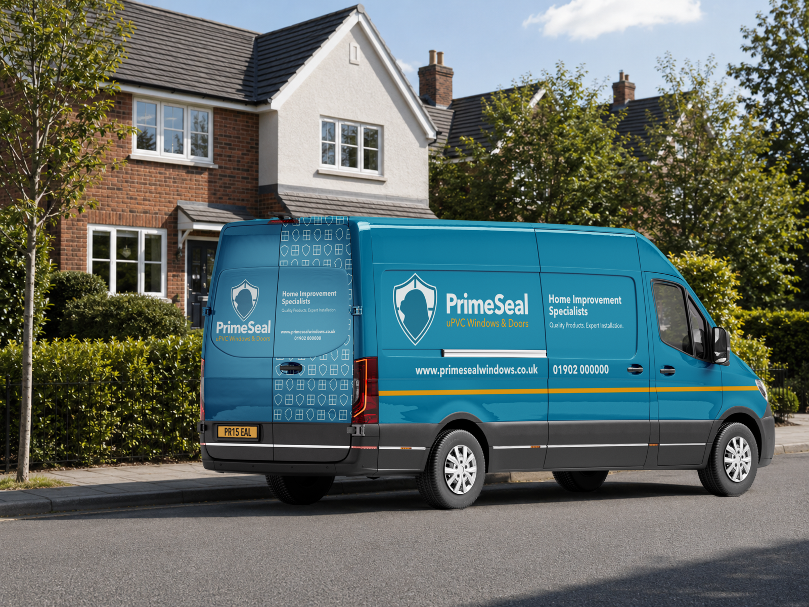 Blue PrimeSeal van in front of house mockup