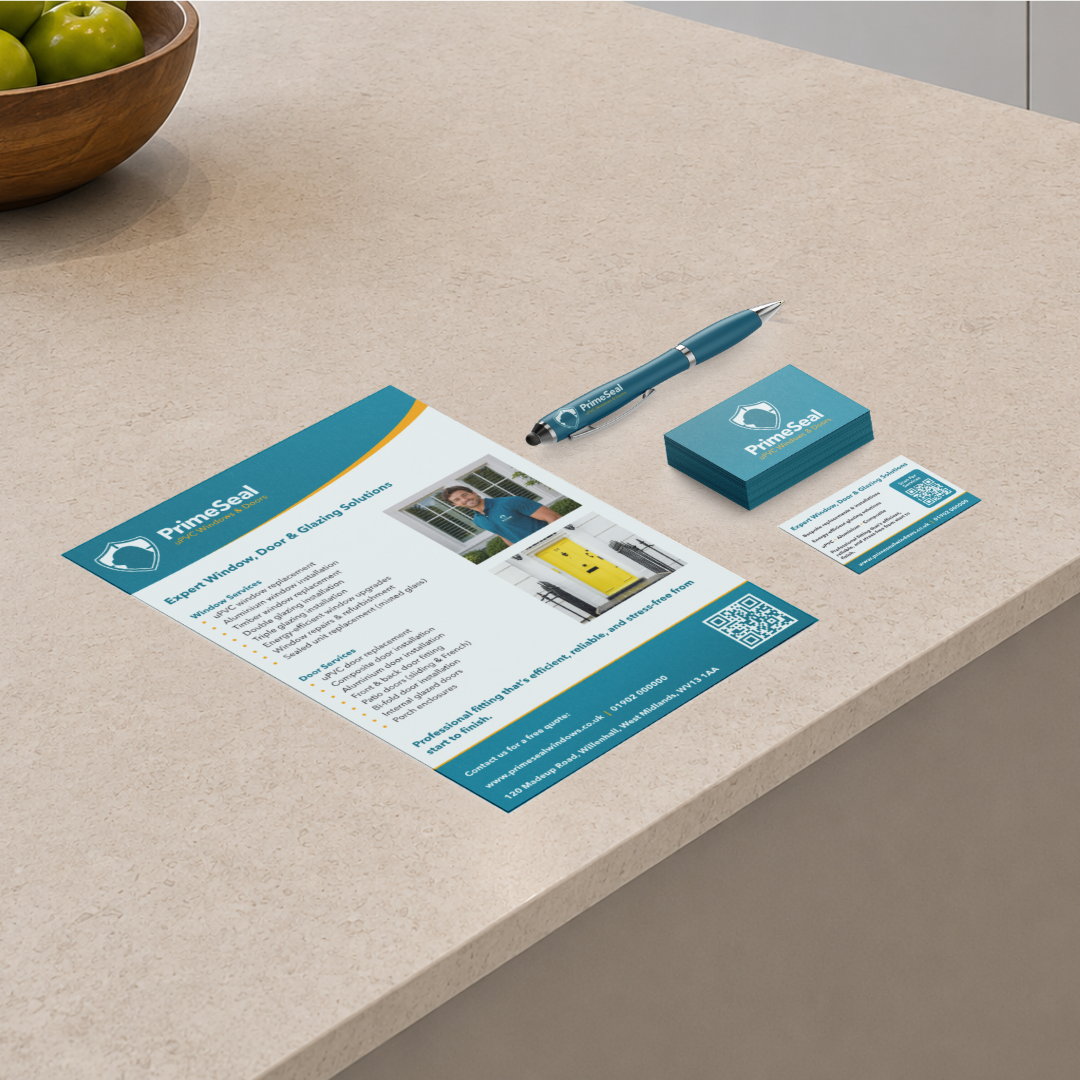 Kitchen counter with PrimeSeal flyer, business card, and pen